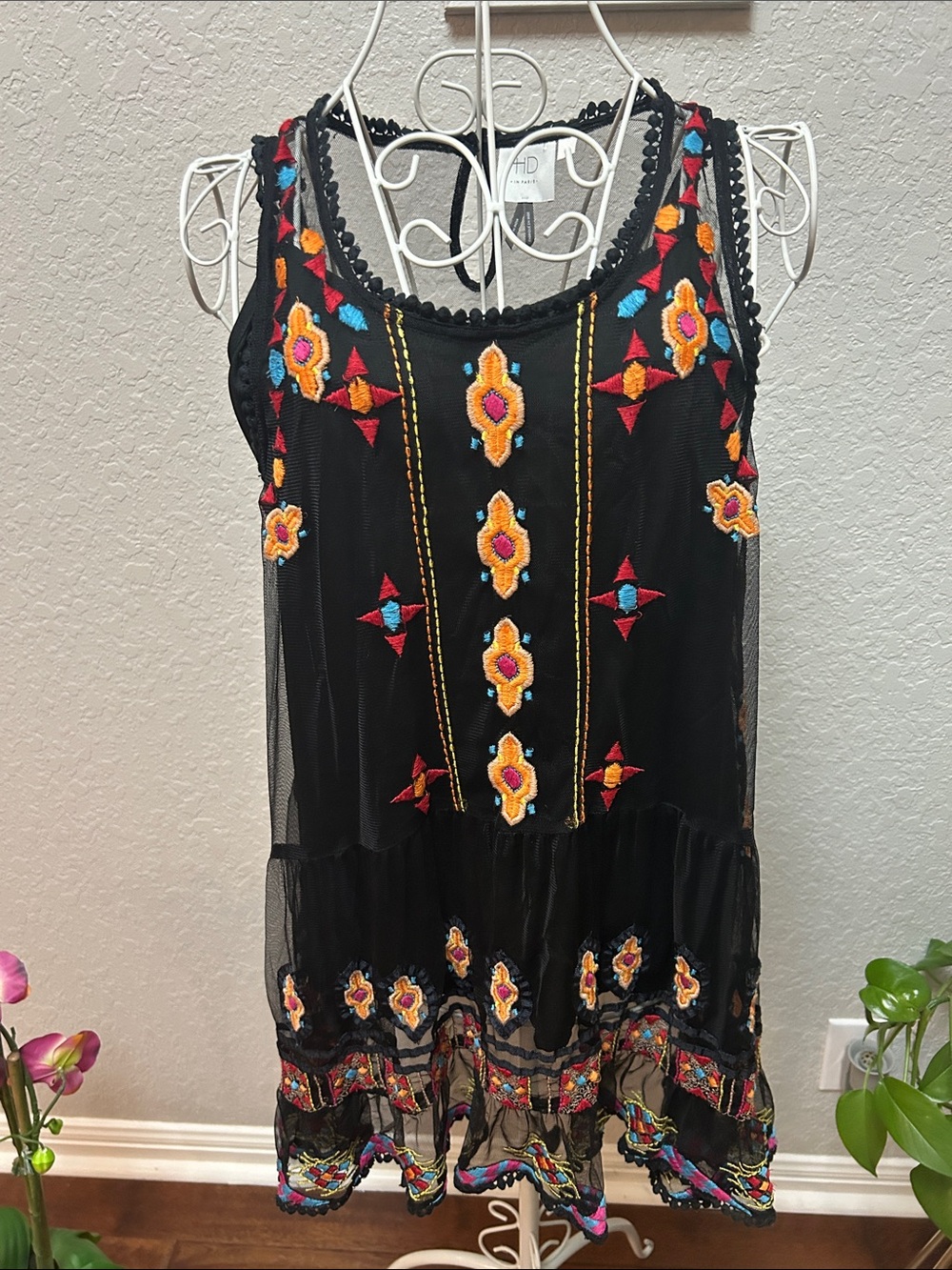 Black Embroidered Sheer Boho top with black camisole by Antropolgie